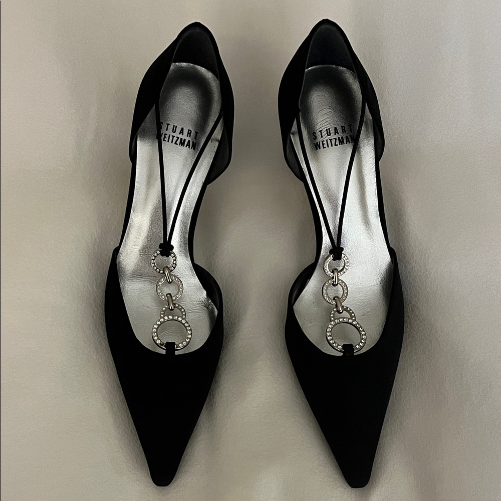 Stuart Weitzman Black Satin Heels with Silver and Rhinestone Accents
